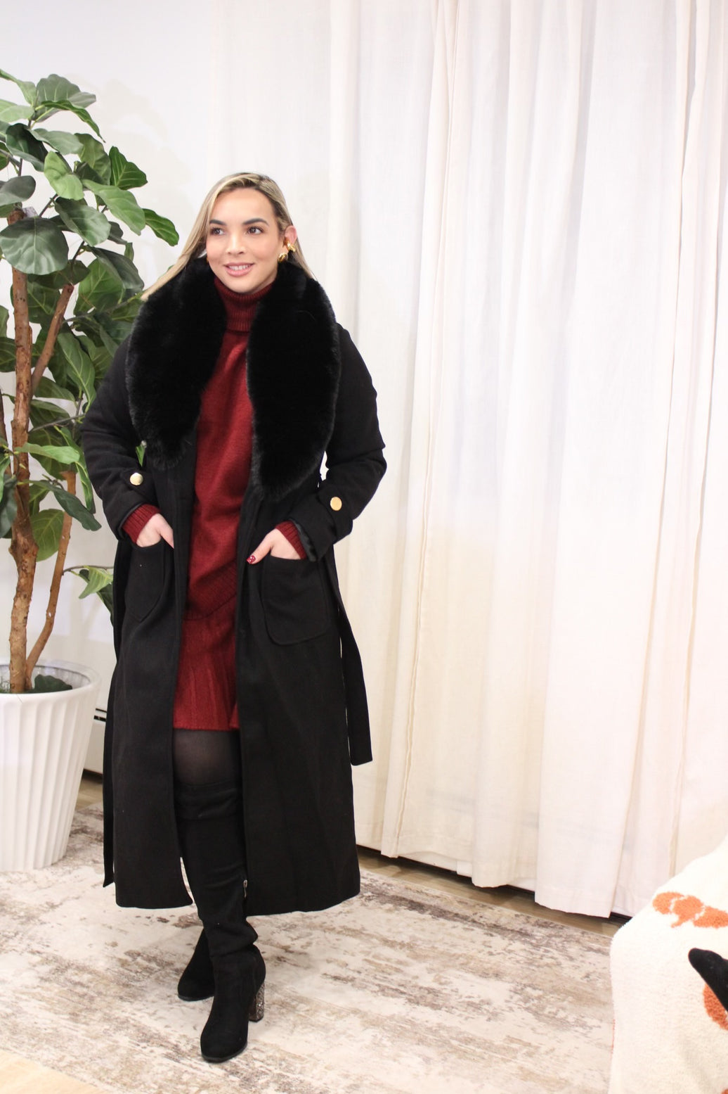 Black Elegant Coat with Notched Collar